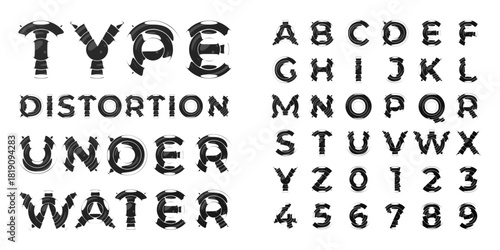 Experimental distorted font with fluid glass refraction, featuring abstract letters and numbers for creative posters, branding concepts, editorial layouts, and modern visual design.