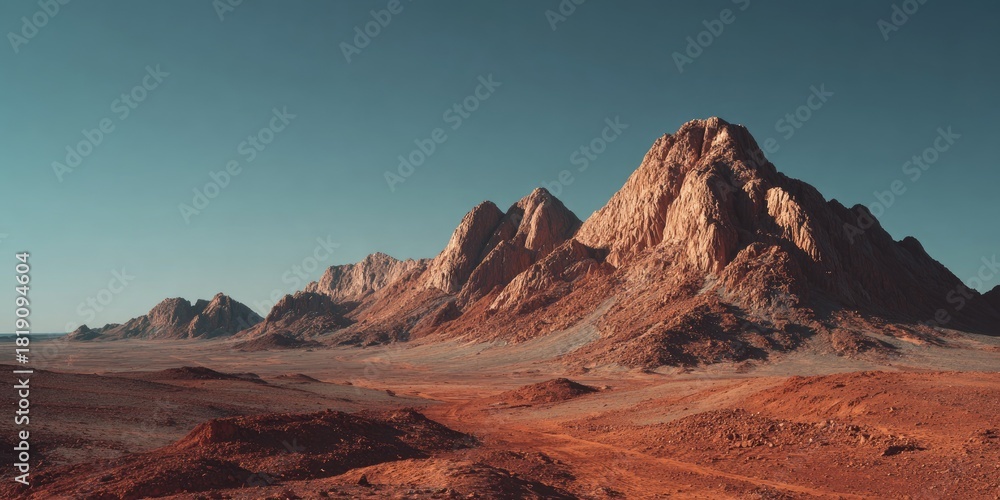 Naklejka premium Vast, red-toned desert landscape with rugged mountains under a clear, blue sky