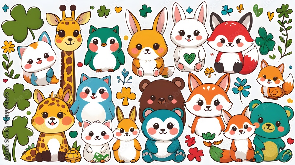 Naklejka premium Rich Lucky Color Cute Animals Doodle Illustration