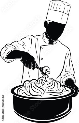 Silhouette of chef mixing dough in large bowl with spoon