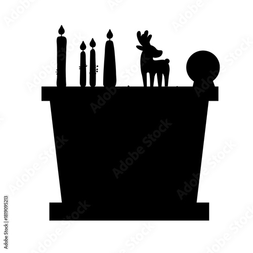 Silhouette fireplace with tall candles shelf and winter decor