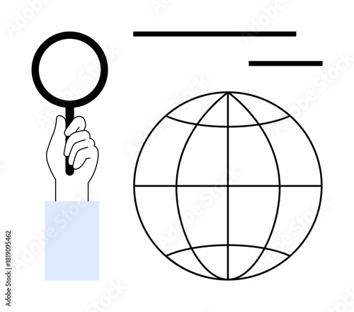 Hand holding magnifying glass near a globe illustration, symbolizing exploration, analysis, and global connectivity. Ideal for research, search tools, global issues, education, internet data simple