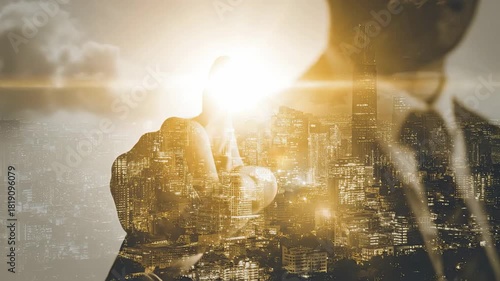 Conceptual double exposure video featuring a businessman in a suit pointing a finger towards a bright light, overlaid with a glowing night cityscape. This abstract composition symbolizes corporate vis