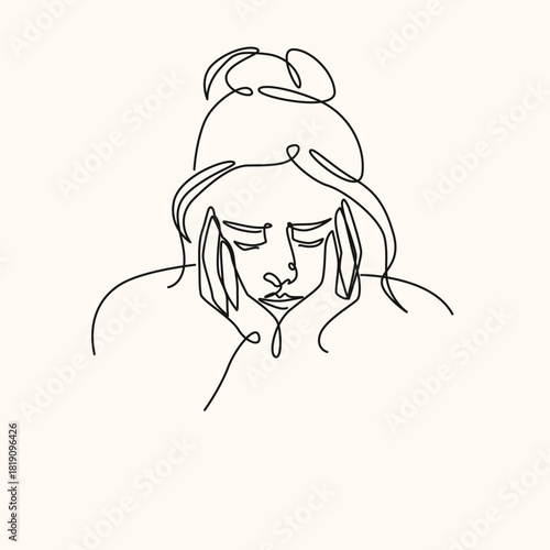 Sad woman holding her face with both hands one line drawing. Sad woman holding her face with both hands single line illustration. Sad woman holding her face with both hands minimalist line art