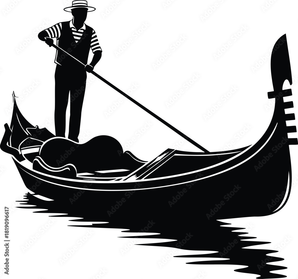 Fototapeta premium Silhouette of gondolier rowing gondola with passenger on water
