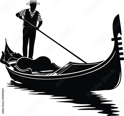Silhouette of gondolier rowing gondola with passenger on water