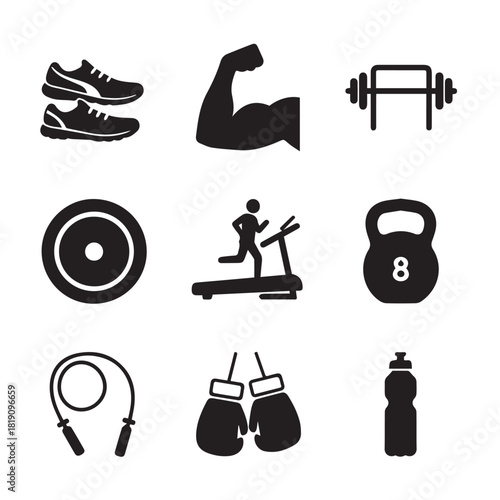Fitness icon set vector illustration of black isolated symbols and equipment collection