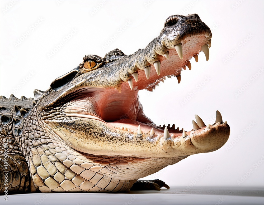 Fototapeta premium a powerful alligator mouth agape displays its formidable teeth and textured scales against a stark white background
