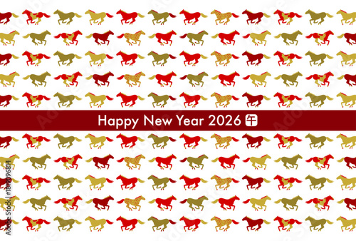 2026年午年の年賀状(赤と金の走る馬模様)