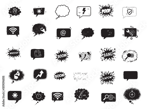 Rough Doodle Graphic Set. Exclamation, Question, Money, and Solution Symbols in Comic Speech Bubbles.