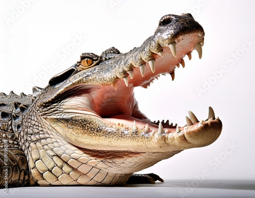 a powerful alligator mouth agape displays its formidable teeth and textured scales against a stark white background