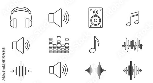 Audio and Music Icons Headphones Speakers Notes and Sound Waves.