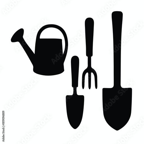 Gardening tools silhouette set with watering can, trowel, fork, and spade