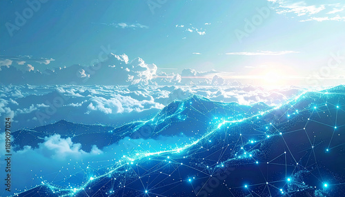 Fototapeta Naklejka Na Ścianę i Meble -  雲上の青いデジタル山脈ネットワーク
