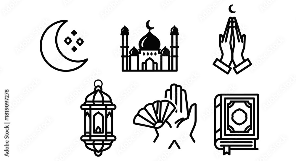 Naklejka premium Ramadan Icons - Crescent Moon, Mosque, Prayer, Lantern, Fan, and Quran.