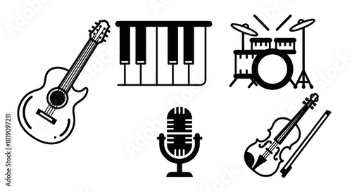Musical Instruments Ensemble - Guitar, Piano, Drums, Microphone, and Violin.