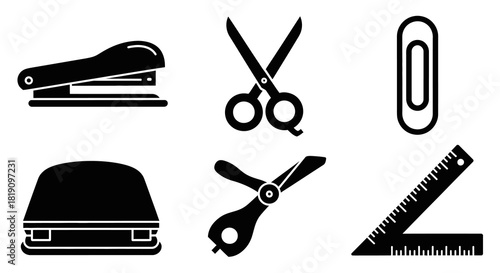 Office Supplies - Stapler, Scissors, Paper Clip, Hole Punch, and Ruler.