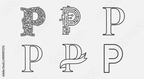 Six variations of the letter P in different styles and designs.