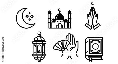 Ramadan Icons - Crescent Moon, Mosque, Prayer, Lantern, Fan, and Quran.