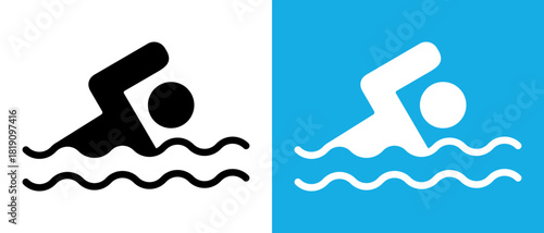 Swimming icons in outline style. Linear vector illustration of swimming signs, safety rules and prohibition symbols for beach zone and pool area. Simple line design.