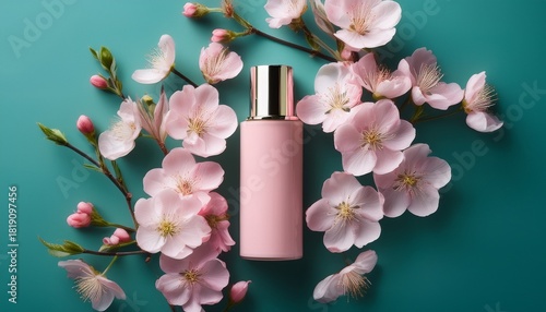 pink cosmetic product surrounded by delicate spring blossoms on a teal background