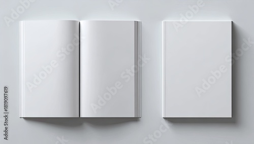 Two blank books, one open displaying empty pages, minimal white background