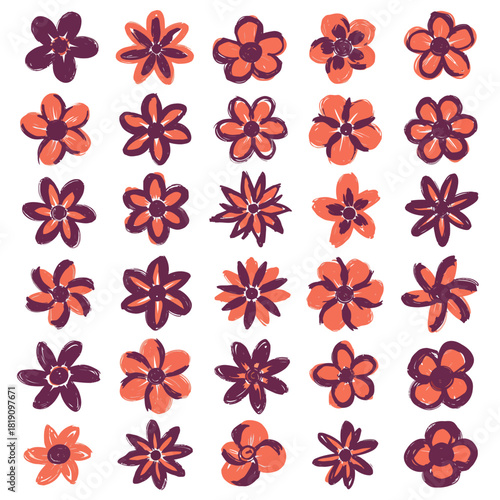 A vibrant collection of thirty hand-drawn botanical flower illustrations in a whimsical doodle style. Isolated sketchy vector elements for creative design