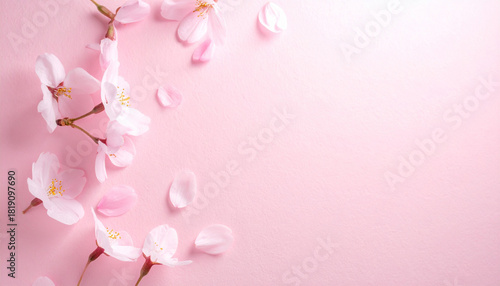 ピンク背景に桜の小枝と花びら