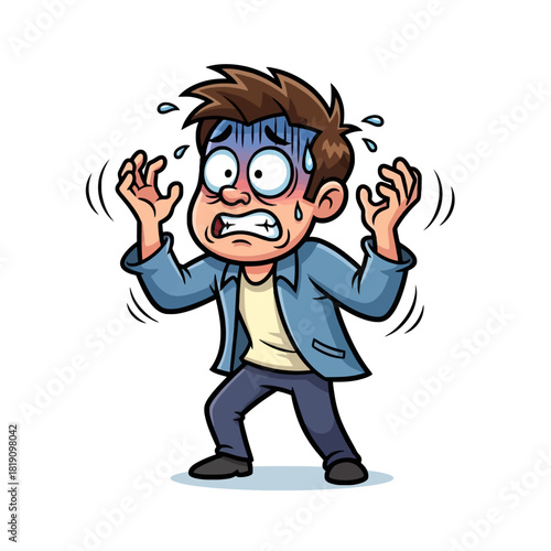 Cartoon illustration of a frightened man with wide eyes, sweating, and trembling in fear.