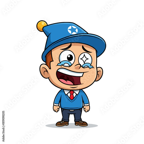 Cartoon boy in blue hat crying with tears and a star on his hat.