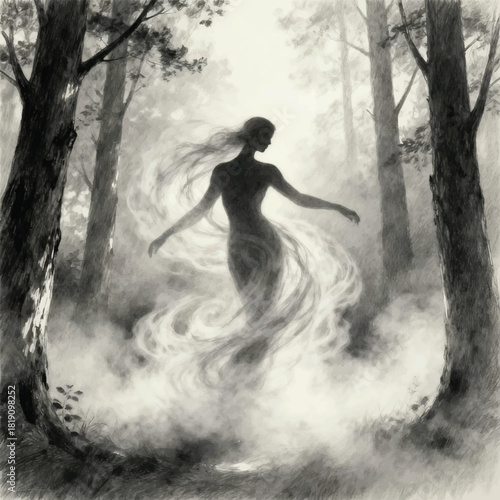 Illustration Of A Humanoid Silhouette In The Mist, Its Body Twisting Into A Graceful Pattern Vector Design Template