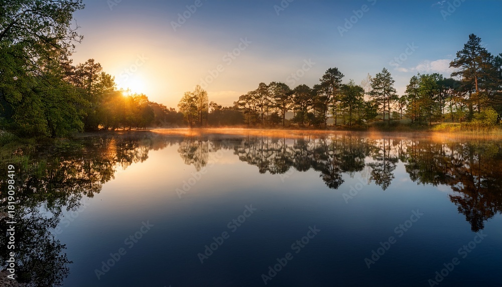 Obraz premium tranquil lake at dawn with mirrored reflections of trees
