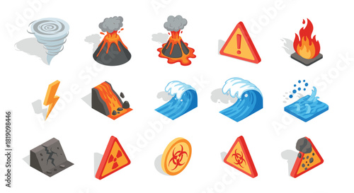 Isometric natural disasters and hazard symbols for emergency preparedness