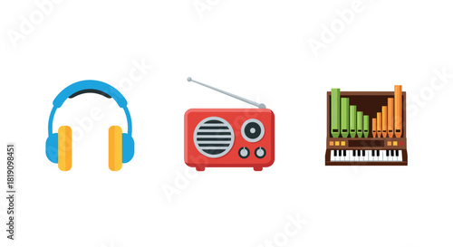 Retro music collection: headphones, radio, and organ in colorful digital style