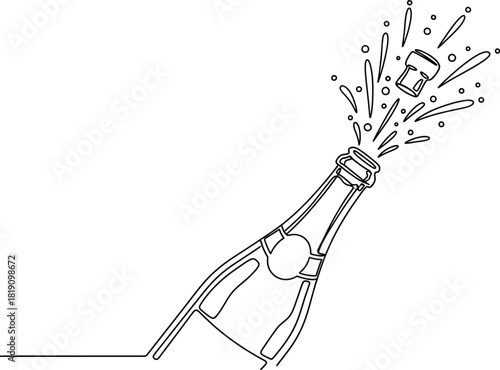 Champagne bottle popping in a continuous line drawing style