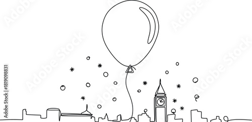 London skyline with balloon in single line art drawing
