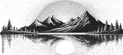 Tranquil mountain landscape reflecting in a frozen lake, surrounded by pine forest under a starry sky, perfect for nature illustrations