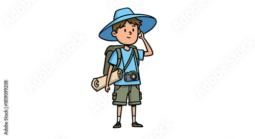 Cartoon traveler boy with camera and map in outdoor adventure outfit