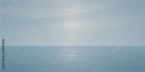 A calm ocean meets a cloudy sky at the horizon, creating a beautiful nature landscape