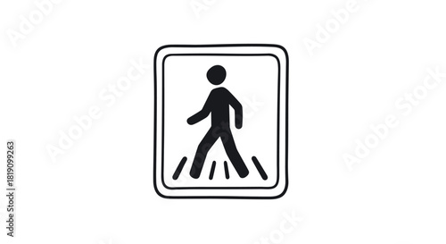 Minimalist pedestrian crosswalk sign in black and white