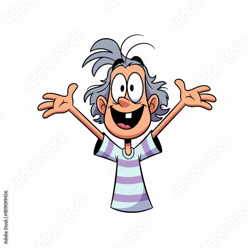Cartoon illustration of a happy person with messy grey hair and outstretched arms.