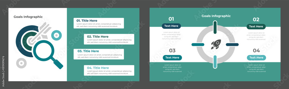 Obraz premium Teal Business Goals Infographic with Target, Rocket, Four Steps and Search Icon