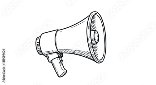 Hand drawn megaphone sketch in black and white for communication and announcement themes