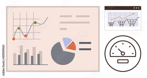 Analytical dashboard with bar graph, pie chart, line graph, performance meter, and e-commerce tracking. Ideal for data analysis, business strategy, metrics, performance growth sales