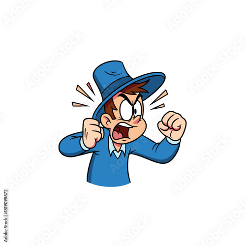 Cartoon man in blue hat and shirt, angry and clenching fists.
