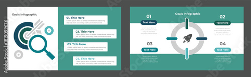 Teal Business Goals Infographic with Target, Rocket, Four Steps and Search Icon