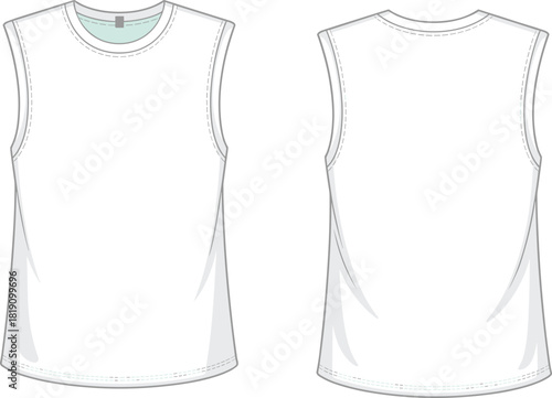 Sleeveless tank top front back view apparel template for sportswear and casual fashion mockup, cad drawing flat vector illustration