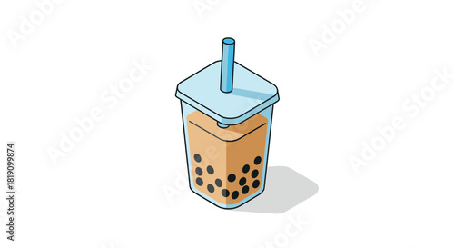 Modern isometric bubble tea cup with straw and tapioca pearls on white background