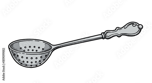 Detailed vintage soup ladle with ornate handle in black and white drawing