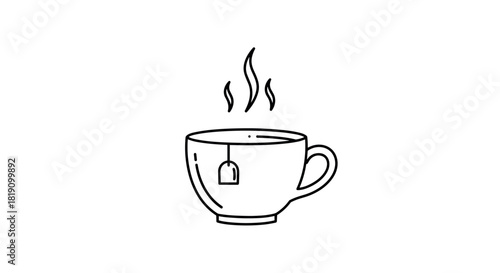 Minimalist linear teacup with steam and teabag on white background